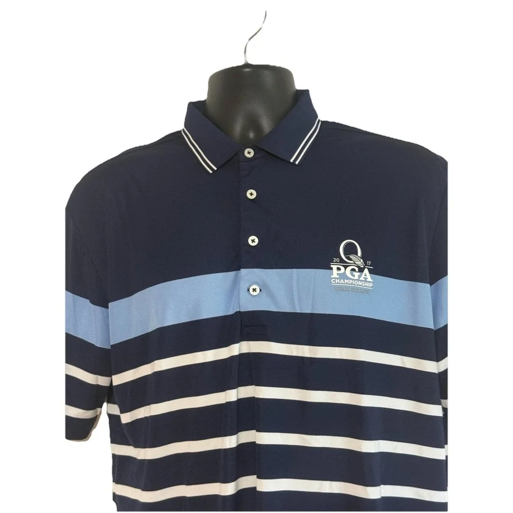 Polo Ralph Lauren Golf Polo Sz L Blue White Striped PGA Quail Hollow Logo - Picture 2 of 14